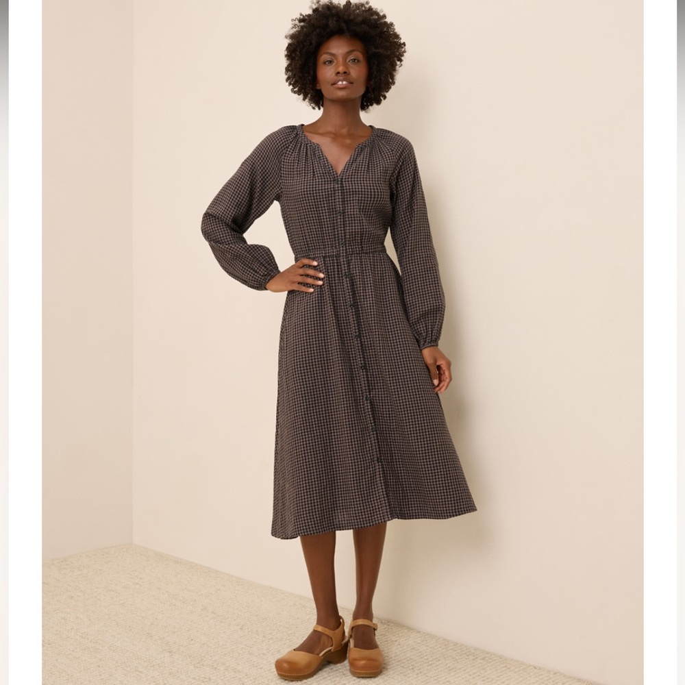 Pact Coastal Double Guaze Poet Sleeve Dress in Autumn Gingham